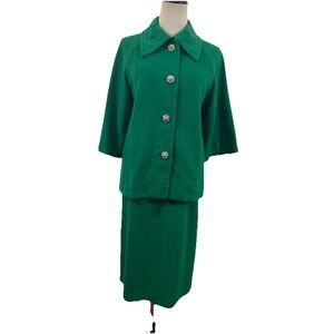 Vtg 60 Wool Coat & Skirt Set Emerald Green Bell Sleeves‎ Mod Mad Men Classic